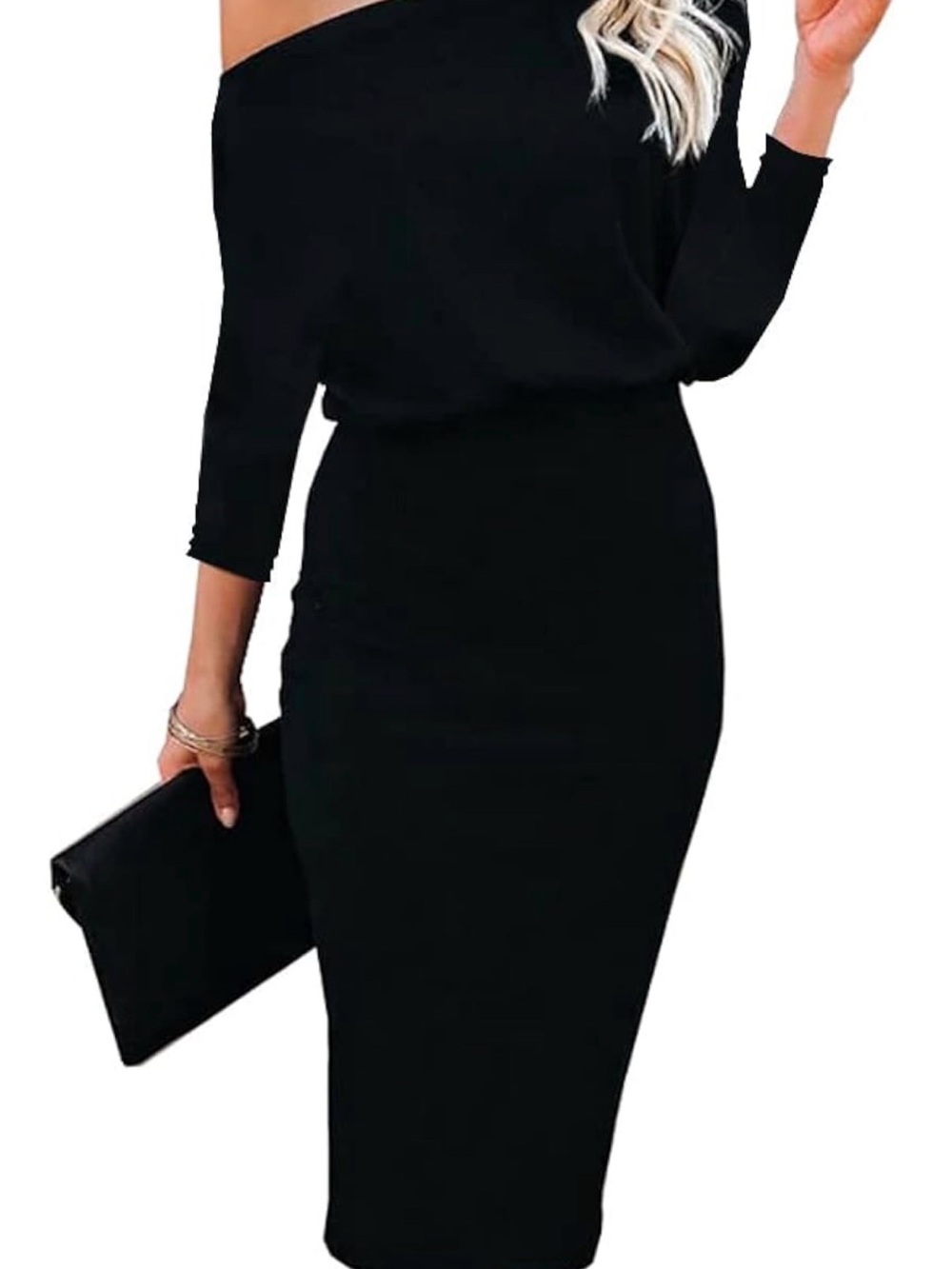 Off-Shoulder Black Bodycon Midi Dress with Three-Quarter Sleeves